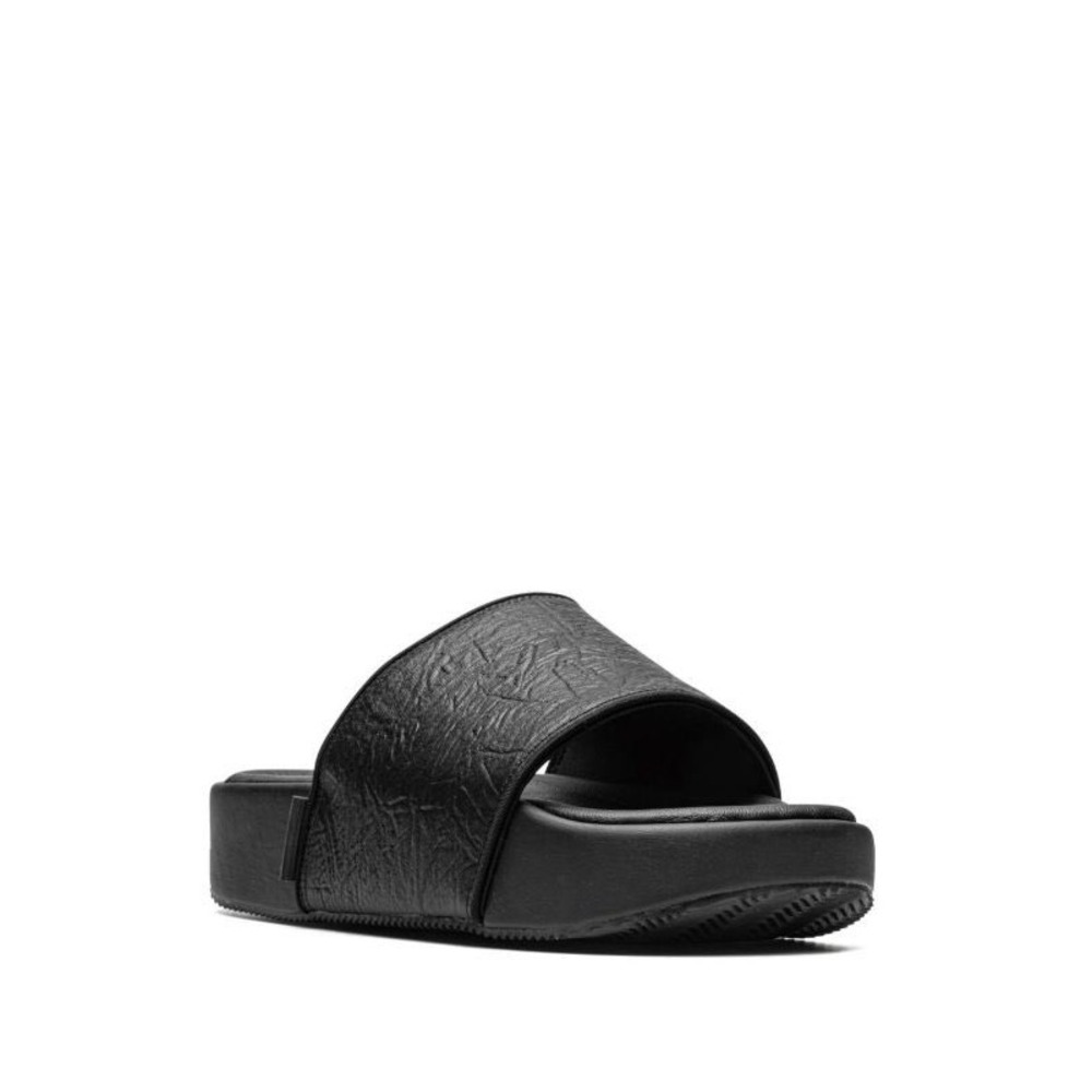 Y-3 Adidas Black Leather Embossed Logo Platform Slides Size 9‎